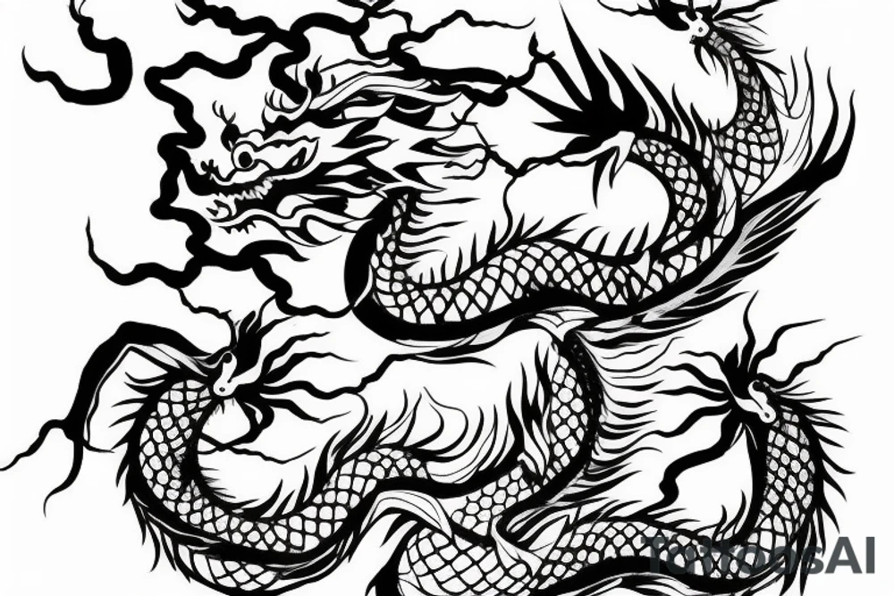 chinese dragon flying atop a forest, sunrays shining into the forest tattoo idea