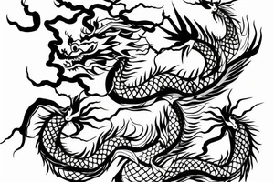 chinese dragon flying atop a forest, sunrays shining into the forest tattoo idea