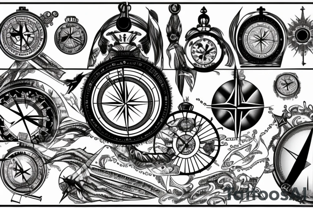 ship with compass and clock tattoo idea