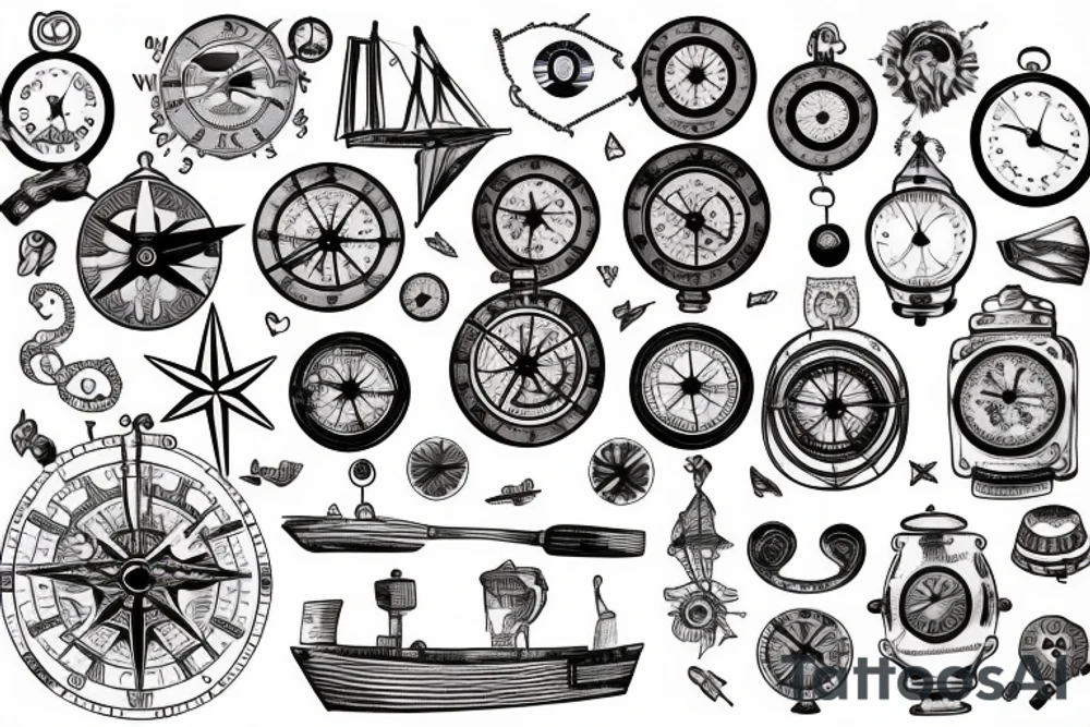 ship with compass and clock tattoo idea