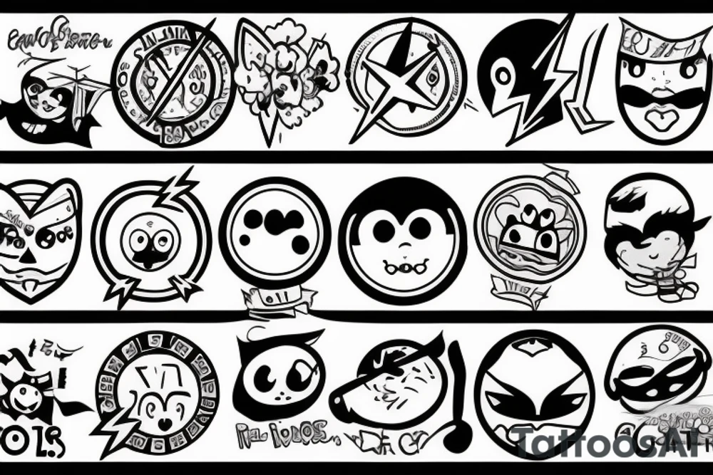 Flash sheet with simple cartoon characters tattoo idea