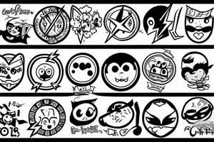Flash sheet with simple cartoon characters tattoo idea