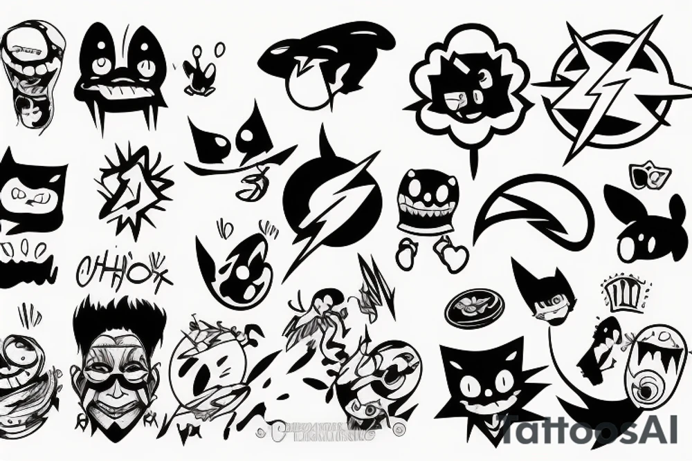 Flash sheet with simple cartoon characters tattoo idea