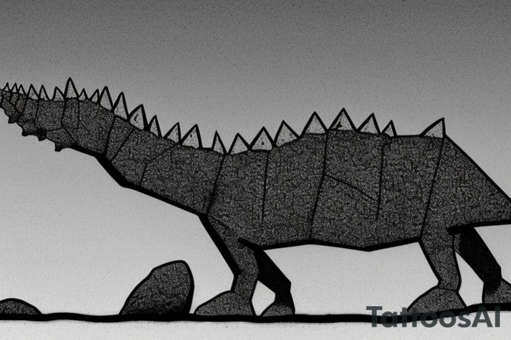 Design a tattoo featuring a cartoonish Stegosaurus, with bold lines and minimal shading, standing on a rocky outcropping with a single tree in the background. The Stegosaurus should be facing left, with its tail curved up over its back, and its plates prominently displayed. The tree should be simple and stylized, with a single trunk and a few branches. The tattoo should be medium-sized, and placed on the upper arm or upper back for maximum impact. tattoo idea