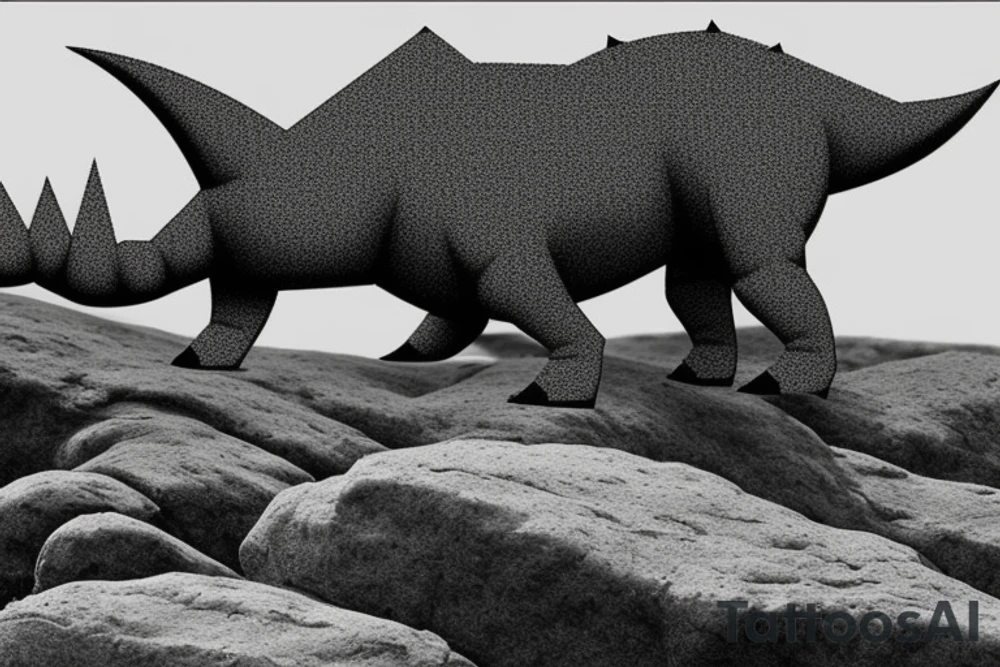 Design a tattoo featuring a cartoonish Stegosaurus, with bold lines and minimal shading, standing on a rocky outcropping with a single tree in the background. The Stegosaurus should be facing left, with its tail curved up over its back, and its plates prominently displayed. The tree should be simple and stylized, with a single trunk and a few branches. The tattoo should be medium-sized, and placed on the upper arm or upper back for maximum impact. tattoo idea