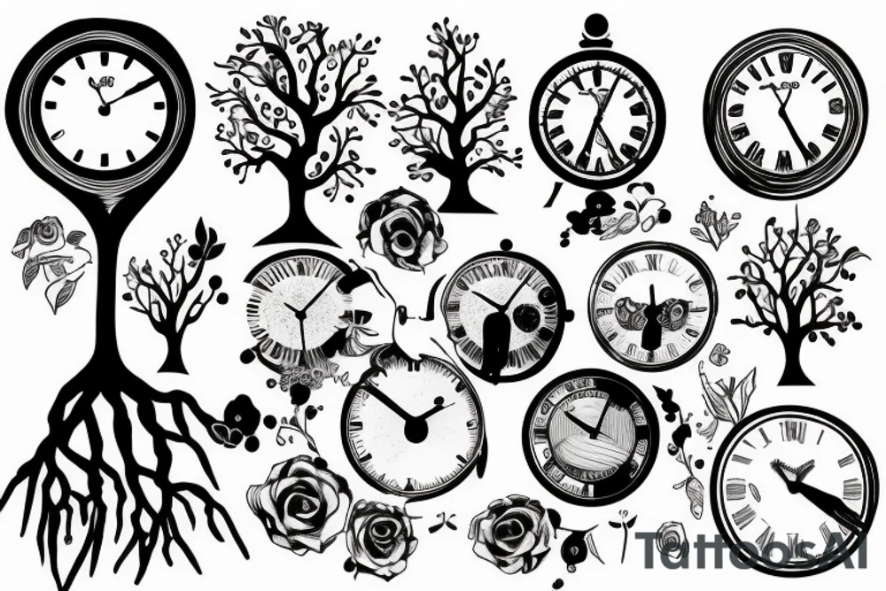 a black tree with a clock tattoo idea