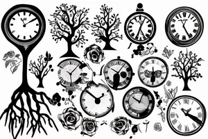 a black tree with a clock tattoo idea