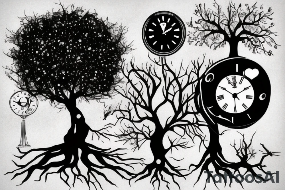 a black tree with a clock tattoo idea