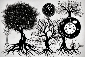 a black tree with a clock tattoo idea