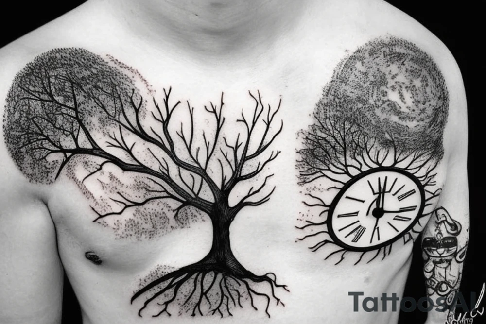 home with  tree and  a clock tattoo idea