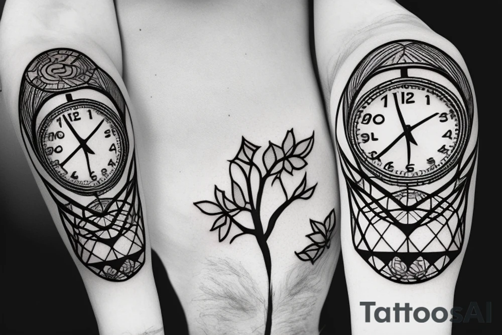 home with a tree and  a clock tattoo idea