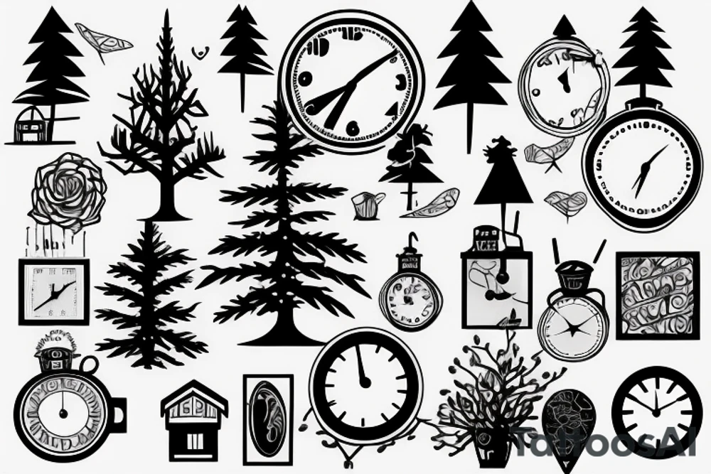 home with a tree and  a clock tattoo idea