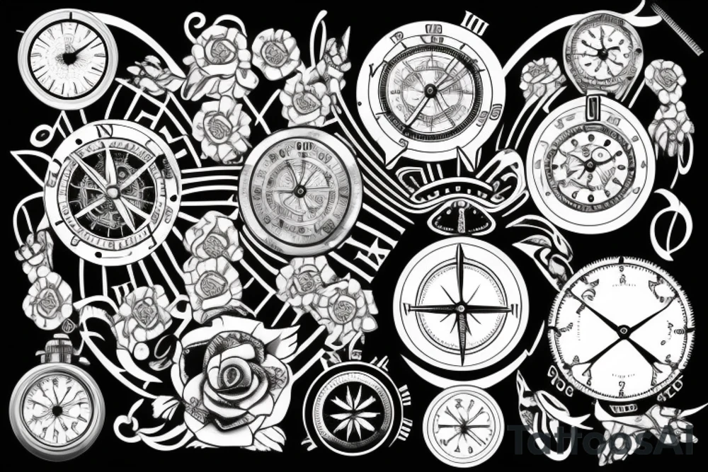 clock and a compass tattoo idea