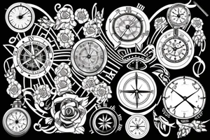 clock and a compass tattoo idea