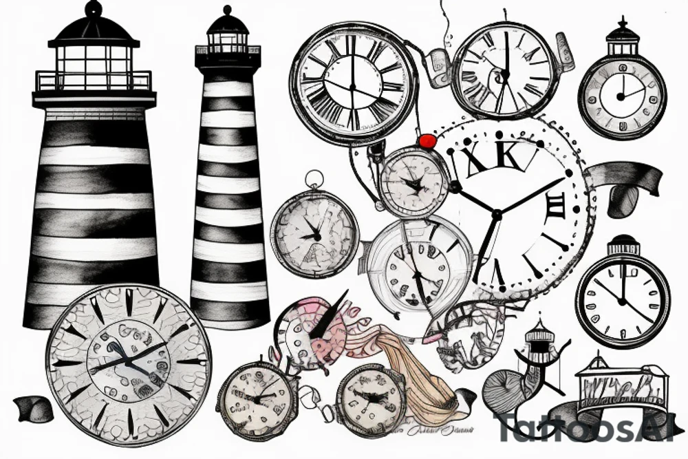 Clock, lighthouse, lines tattoo idea