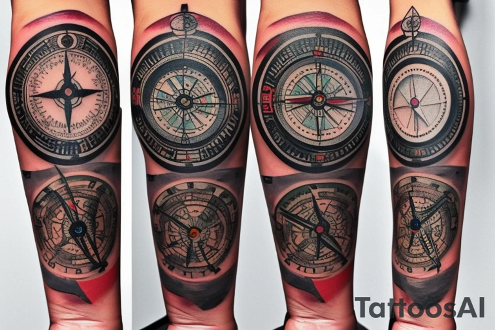 Tattoo on the arm of a watch combined with a compass a plane in the distance and a native home tattoo idea