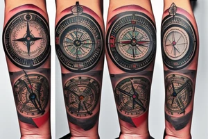 Tattoo on the arm of a watch combined with a compass a plane in the distance and a native home tattoo idea