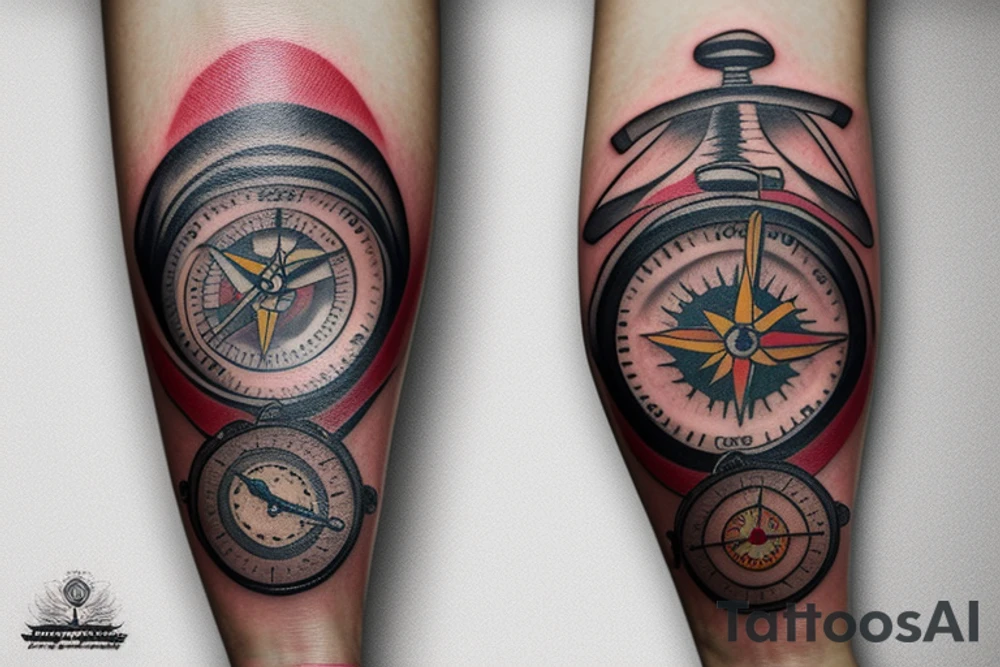Tattoo on the arm of a watch combined with a compass a plane in the distance and a native home tattoo idea
