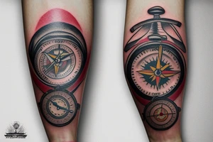Tattoo on the arm of a watch combined with a compass a plane in the distance and a native home tattoo idea