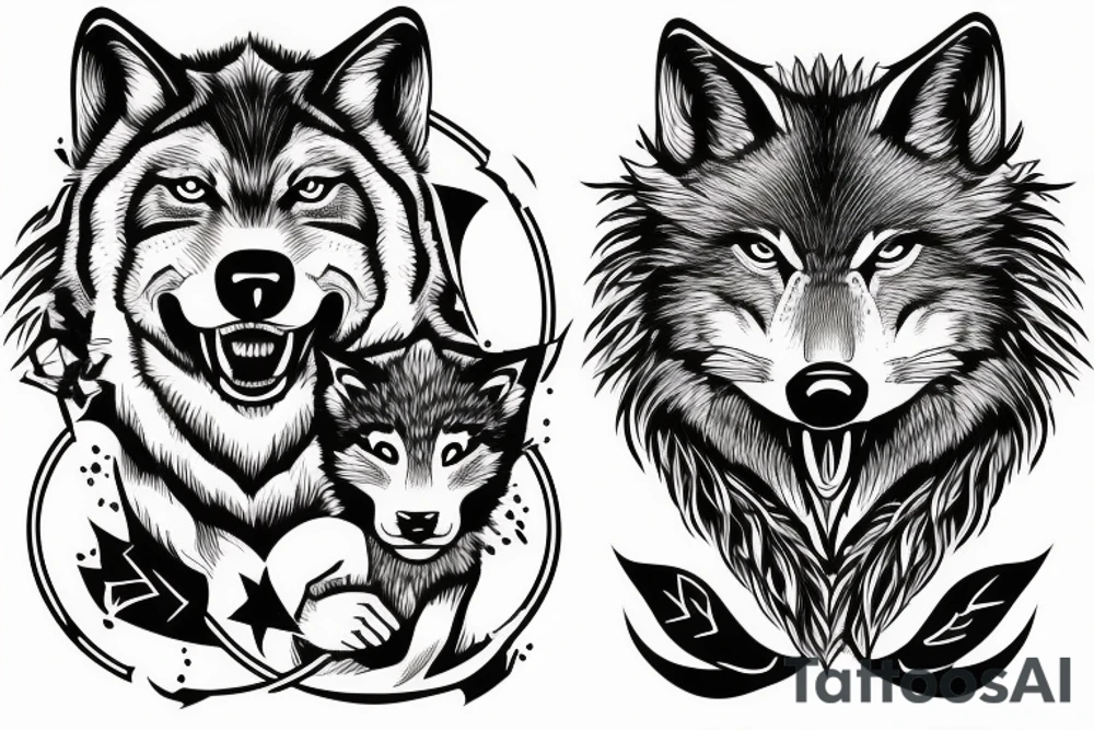 Fierce wolf with cub the say Rise Above Everything in background tattoo idea Fierce wolf with cub the say Rise Above Everything in background tattoo idea