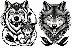 Fierce wolf with cub the say Rise Above Everything in background tattoo idea