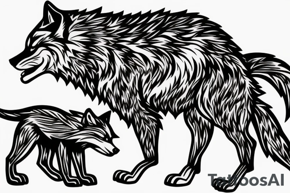 Fierce wolf with cub the say Rise Above Everything in background tattoo idea