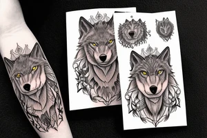 Fierce wolf with cub the say Rise Above Everything in background tattoo idea