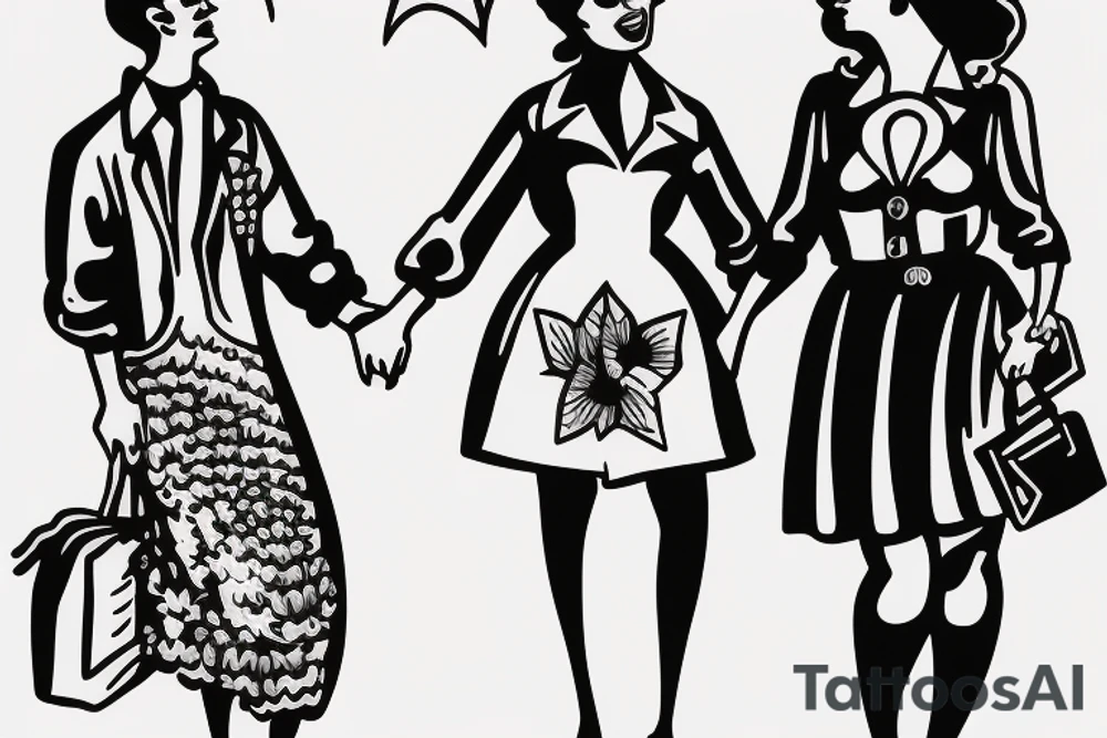 A mother and son walking and holding hands in the style of a vintage pin-up girl tattoo idea