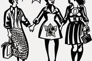 A mother and son walking and holding hands in the style of a vintage pin-up girl tattoo idea
