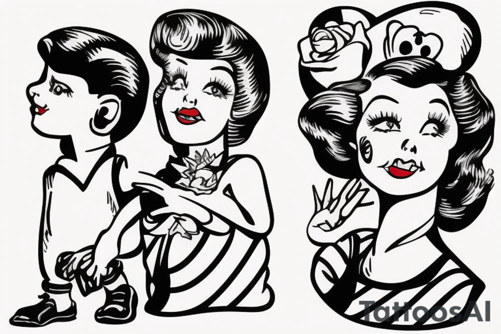 A mother and son walking and holding hands in the style of a vintage pin-up girl tattoo idea