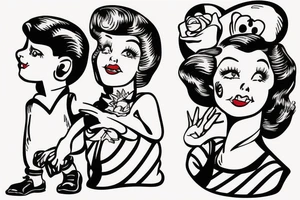 A mother and son walking and holding hands in the style of a vintage pin-up girl tattoo idea