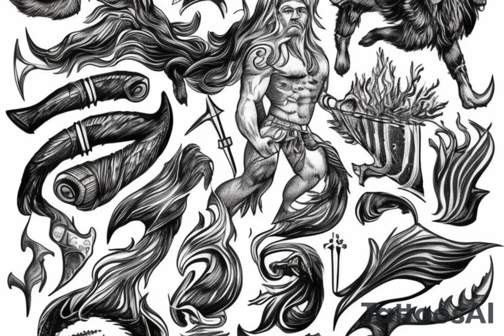 Slavic God of thunder with rough sea tattoo idea
