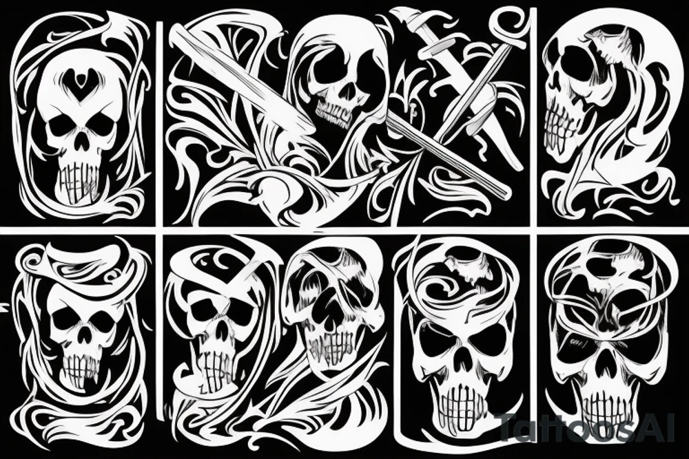 Grim reaper with scythe fighting a topless man with muscles in a very archaic background tattoo idea