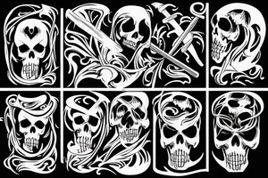 Grim reaper with scythe fighting a topless man with muscles in a very archaic background tattoo idea