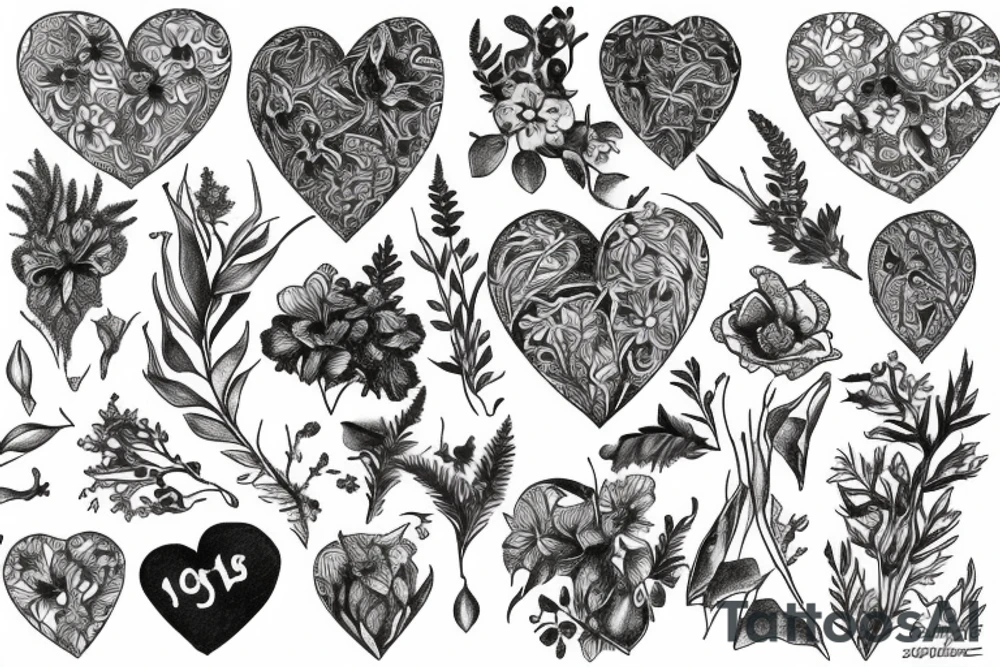 Violets, daphodiles, 1981, 1982, heart, ferns tattoo idea