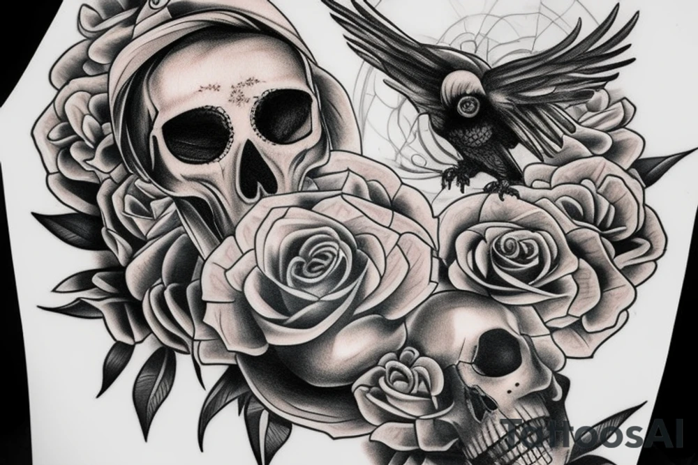 memento mori skull crow clock tattoo idea