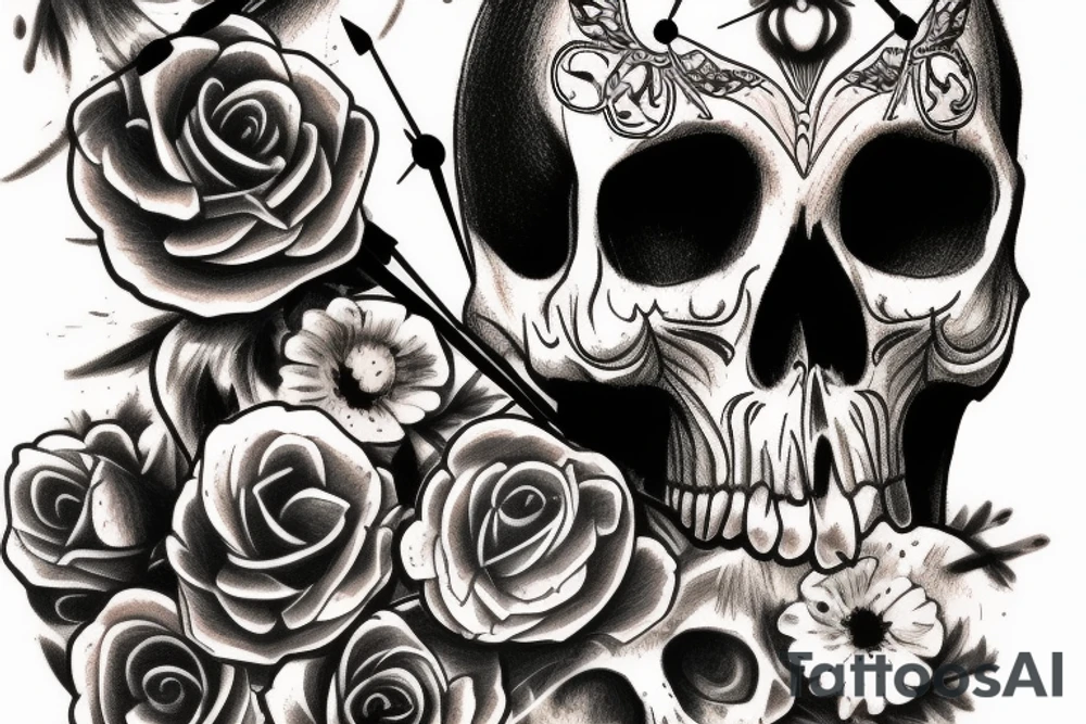 memento mori skull crow clock tattoo idea
