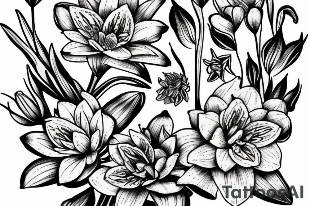 Aster flower, lily of the valley flower, gladiolus flower, delphinium flower, water lily flower Bouquet tattoo idea