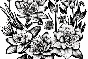 Aster flower, lily of the valley flower, gladiolus flower, delphinium flower, water lily flower Bouquet tattoo idea