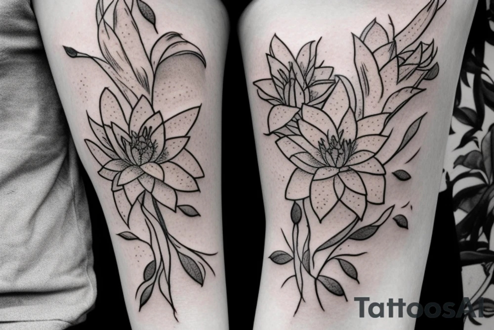 Aster flower, lily of the valley flower, gladiolus flower, delphinium flower, water lily flower Bouquet tattoo idea