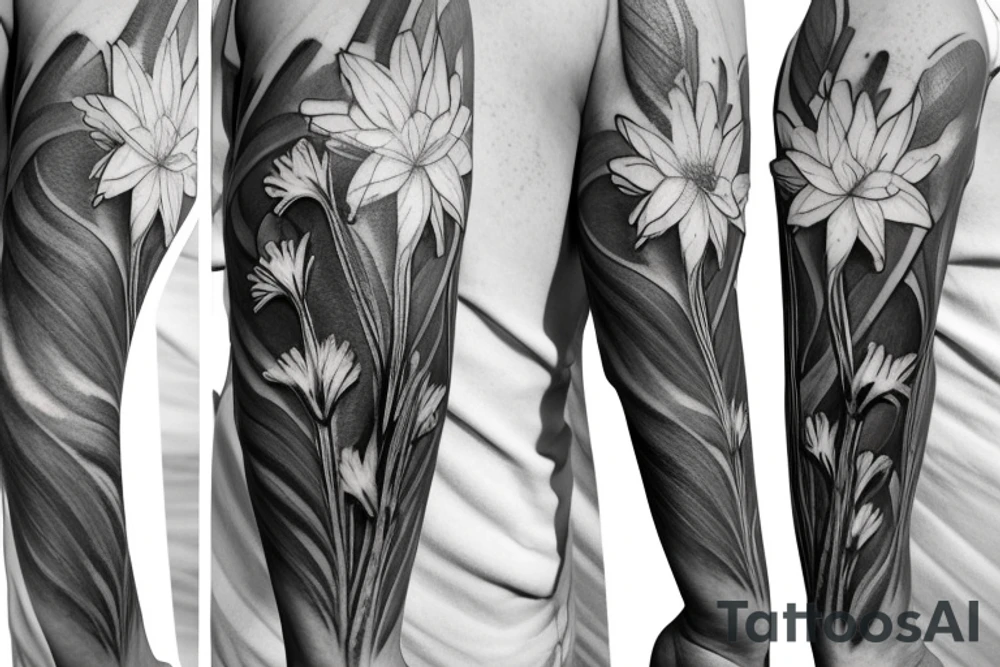 Aster flower, lily of the valley flower, gladiolus flower, delphinium flower, water lily flower tattoo idea