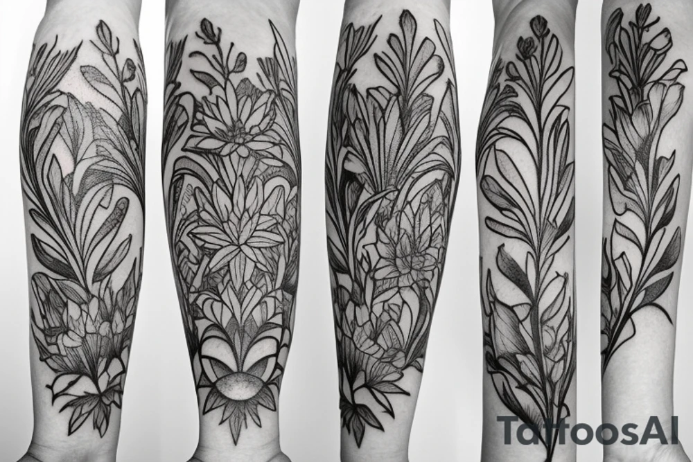 Aster, lily of the valley, gladiolus, delphinium, water lily tattoo idea