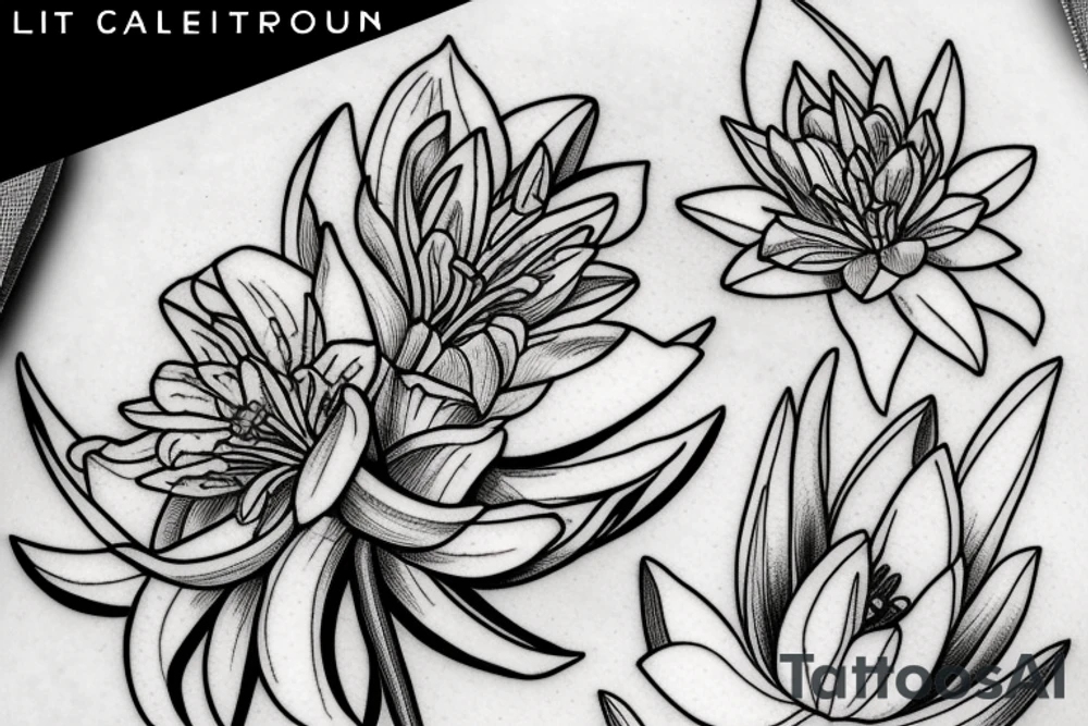 Aster, lily of the valley, gladiolus, delphinium, water lily tattoo idea