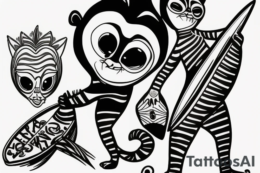 King Julien riding a surfboard tattoo idea