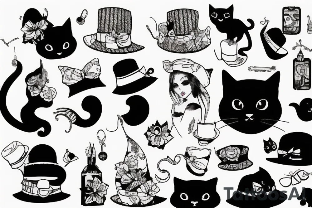 Black cat with a funny hat and skirt tattoo idea