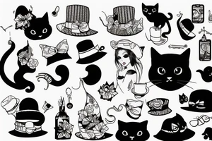 Black cat with a funny hat and skirt tattoo idea