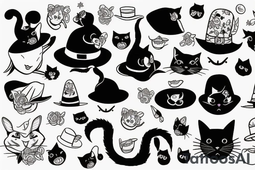 Black cat with a funny hat and skirt tattoo idea