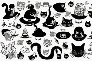 Black cat with a funny hat and skirt tattoo idea
