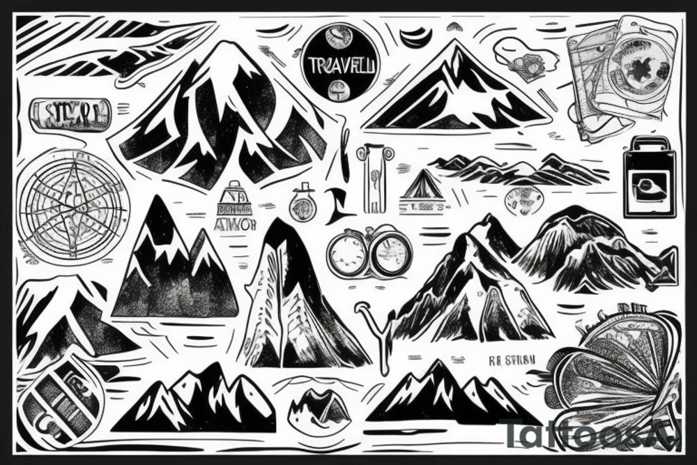 Travel tattoo with globe and passport stamps and mountains and trees tattoo idea