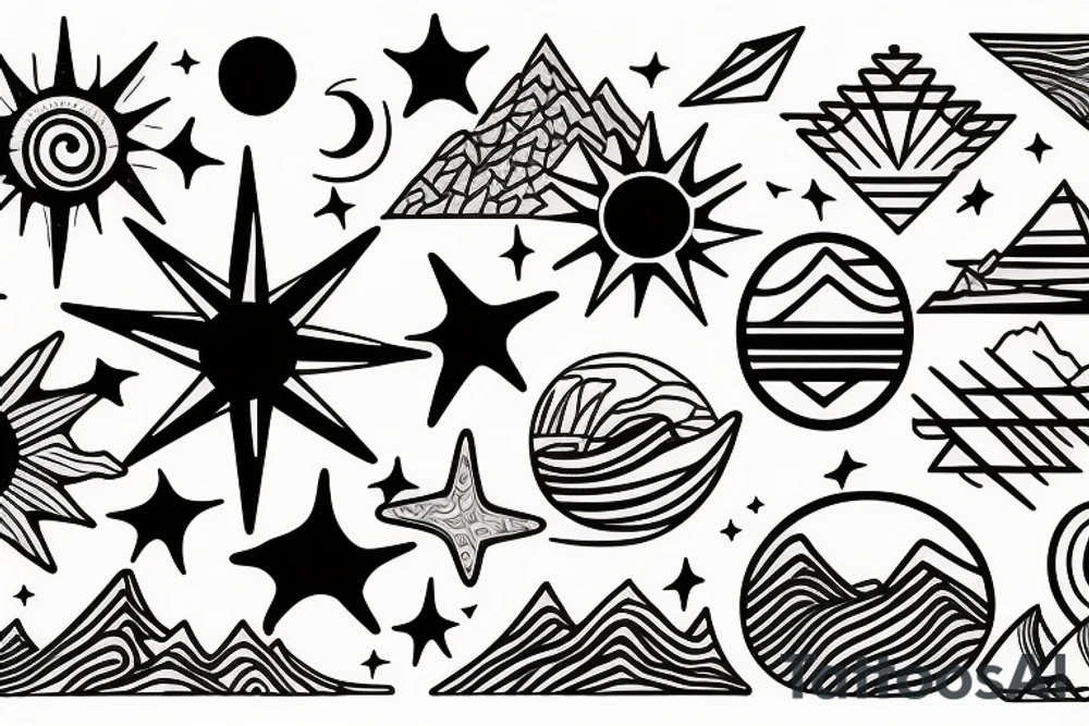 Sun, stars, the sea and mountains tattoo idea